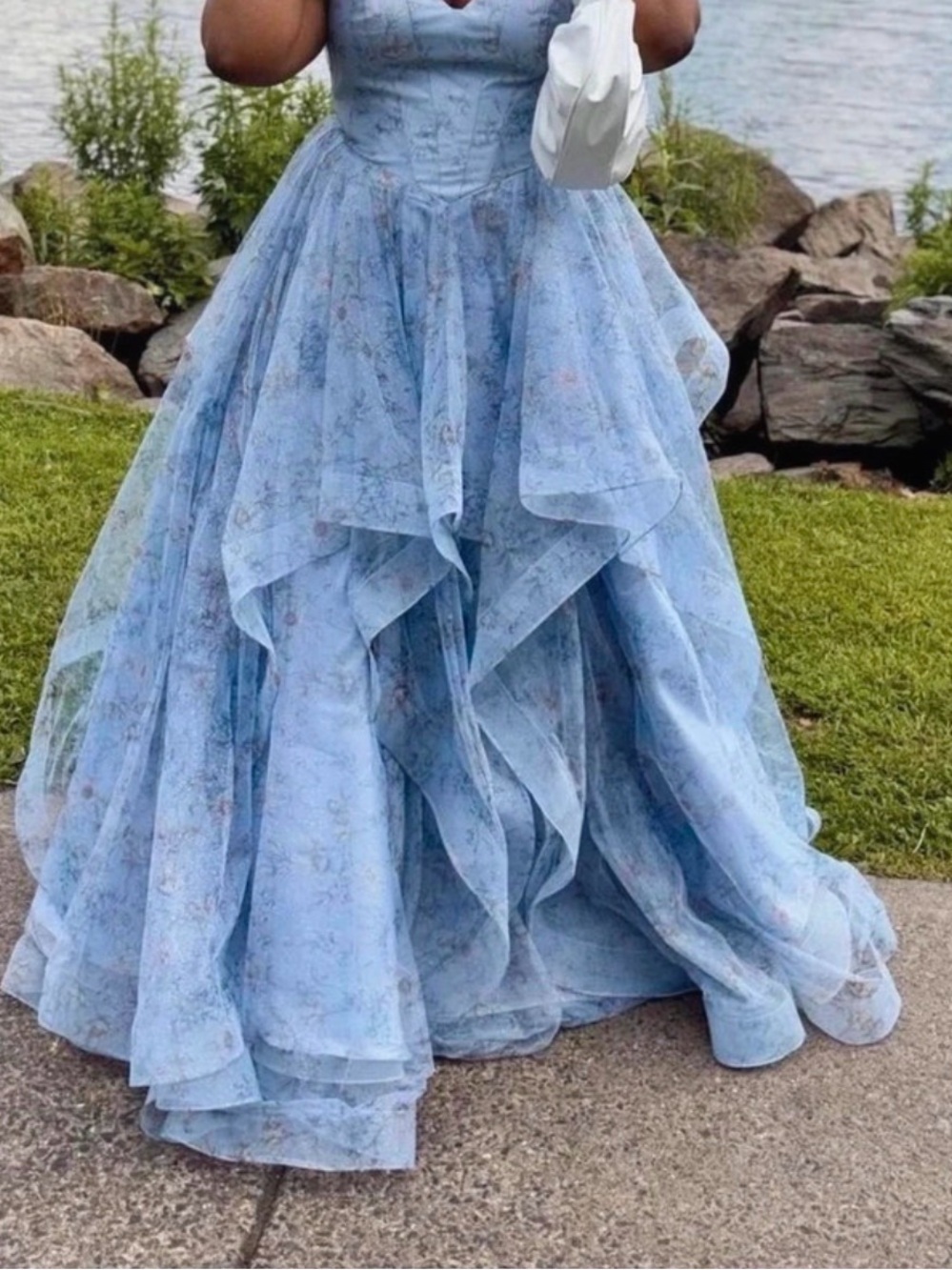 Strapless Light Blue Floral Ball Gown Dress